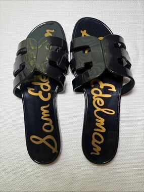 Sam Edelman Black Patent Slide Sandals with Gold Logo